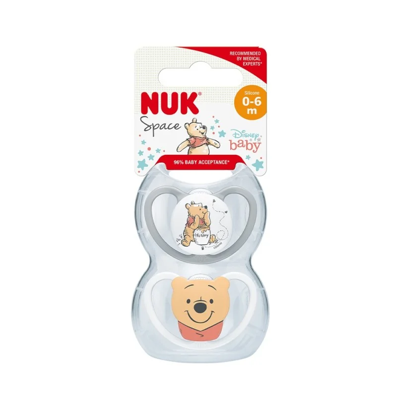 NUK LOT DE 2 SUCETTES SPACE WINNIE EN SILICONE (0-6MOIS) M AVEC BOITE
