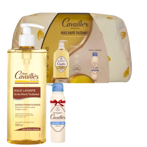 CAVAILLES TROUSSE HUILE LAVANTE DERMATO PEAUX A TENDANCE ATOPIQUE 500ML+DEO ABSORB+ 48H ANTI TRACES SPRAY 20ML (OFFERT)