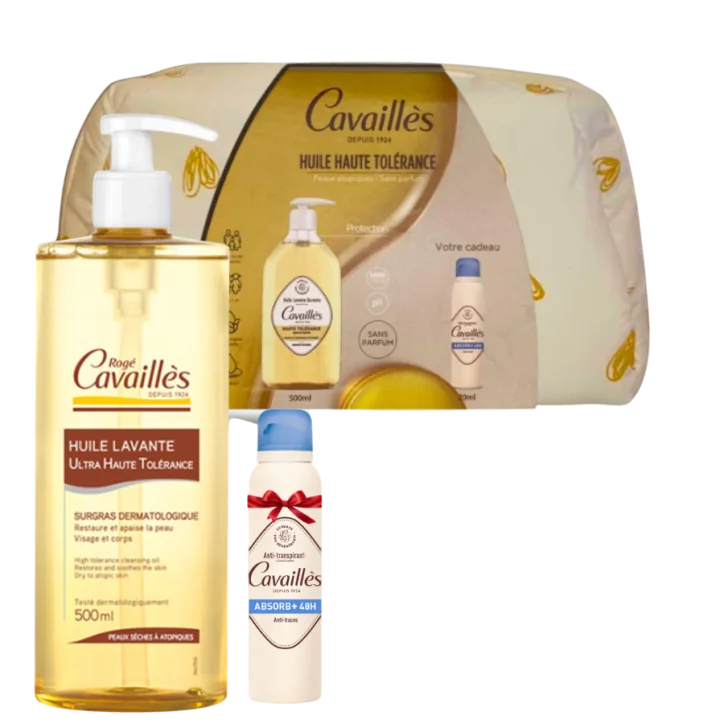 CAVAILLES TROUSSE HUILE LAVANTE DERMATO PEAUX A TENDANCE ATOPIQUE 500ML+DEO ABSORB+ 48H ANTI TRACES SPRAY 20ML (OFFERT)