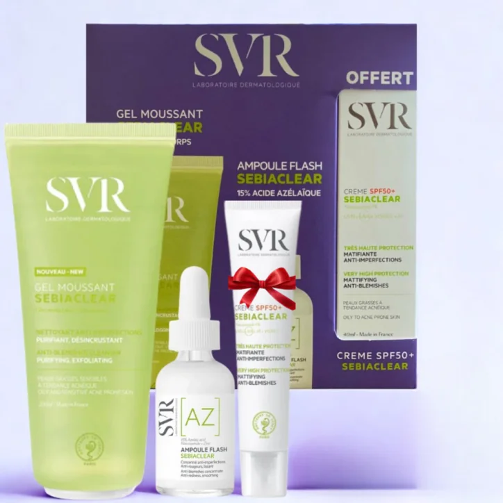 SVR COFFRET SEBIACLEAR GEL MOUSSANT 200ML+AMPOULE AZ FLASH ANTI IMPERFECTIONS 30ML+CREME SOLAIRE MATIFIANTE SPF50 40ML (OFFERT)