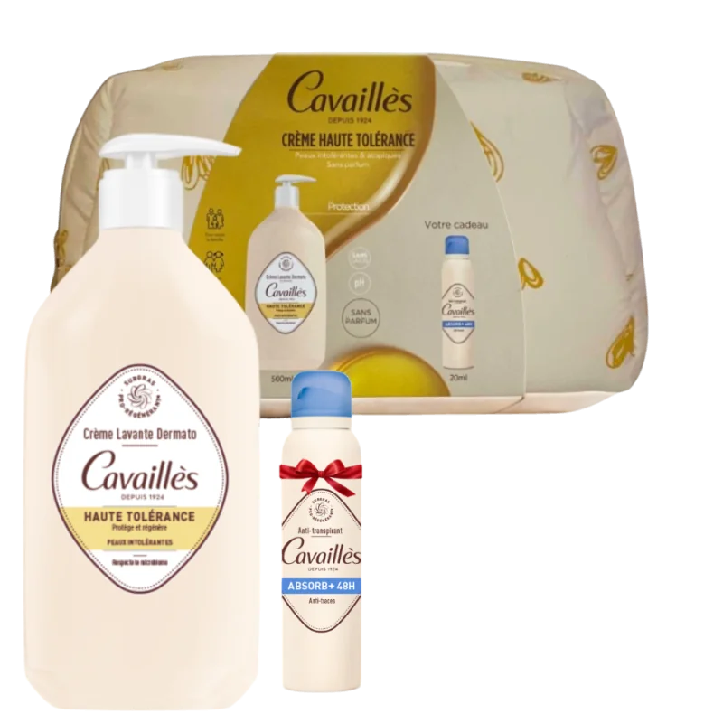 CAVAILLES TROUSSE CREME LAVANTE DERMATO PEAUX INTOLERANTES 500ML+DEO ABSORB+ 48H ANTI TRACES SPRAY 20ML (OFFERT)