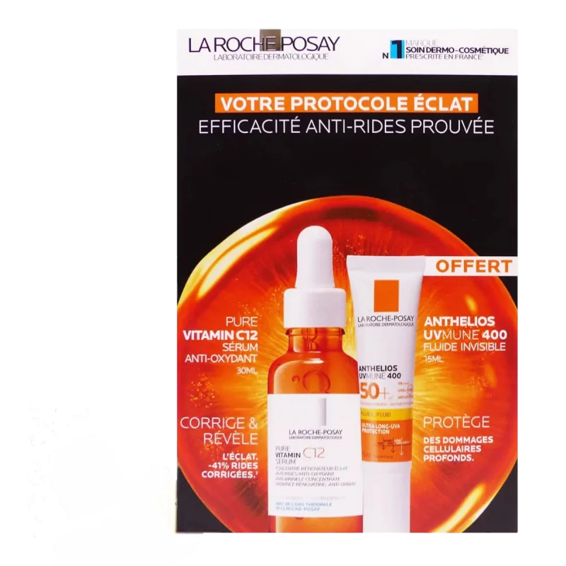LA ROCHE POSAY COFFRET PROTOCOLE ÉCLAT SÉRUM VITAMIN C12 30ML + ANTHELIOS FLUIDE SPF50 15ML OFFERT
