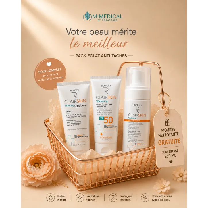 PACK RONCEY CLAIRSKIN WHITENING NIGHT CREAM + WHITENING WATERPROOF SPF50 + CLEANSING FOAM 250 ML GRATUITE