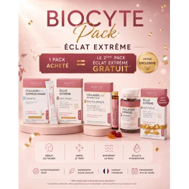 PACK BIOCYTE COLLAGEN EXPRESS GUMMIES + ÉCLAT EXTRÊME PEARL + COLLAGEN EXPRESS MARIN + COLLAGEN PEPTIDES = ÉCLAT EXTRÊME OFFERT