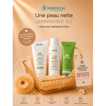 PACK BABE STOP AKN GEL NETTOYANT + SUPER FLUID SPF50+ + CRÈME HYDRATANTE RÉPARATRICE 50 ML GRATUITE