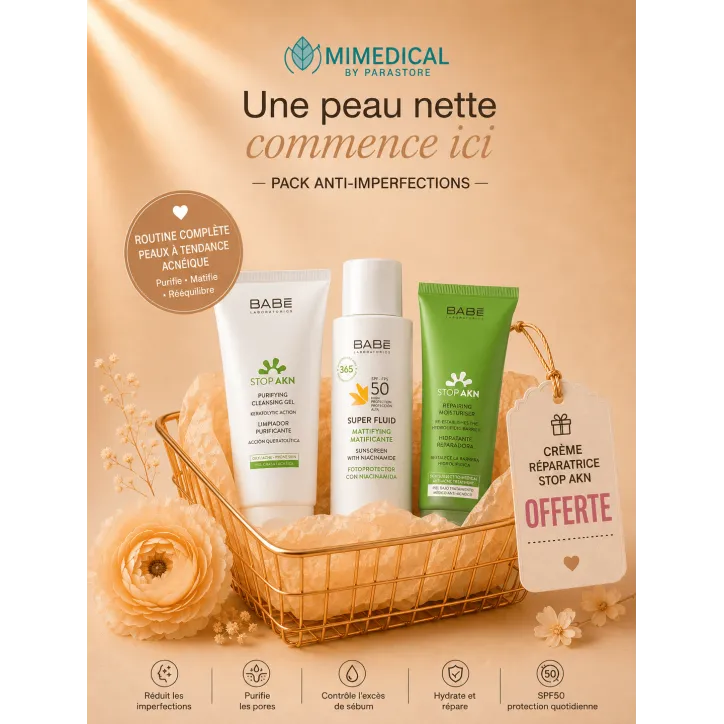 PACK BABE STOP AKN GEL NETTOYANT + SUPER FLUID SPF50+ + CRÈME HYDRATANTE RÉPARATRICE 50 ML GRATUITE