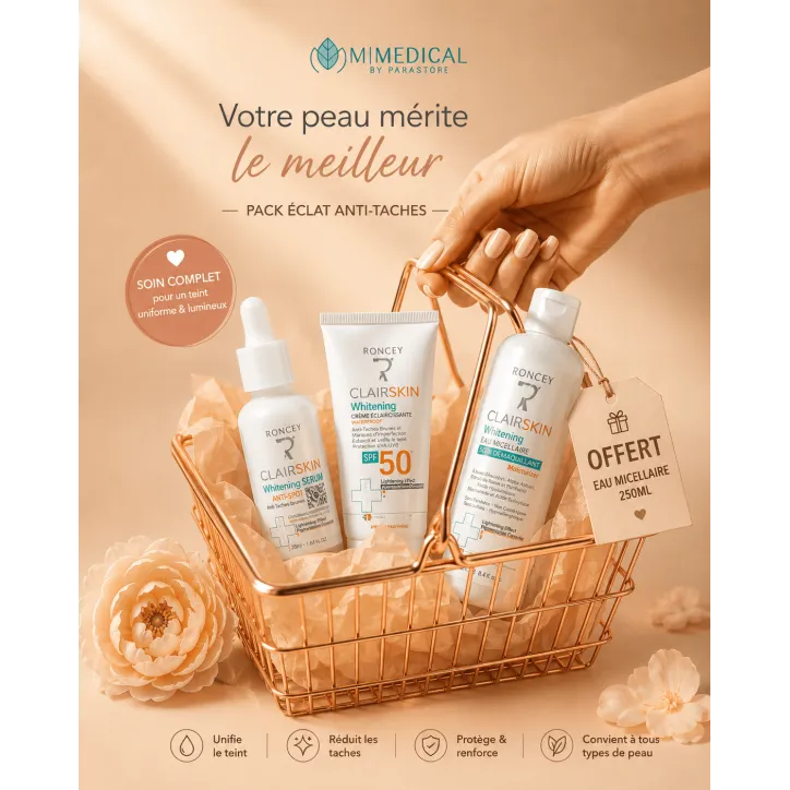 PACK RONCEY CLAIRSKIN SERUM ÉCLAIRCISSANT + WHITENING WATERPROOF SPF50 + EAU MICELLAIRE GRATUITE