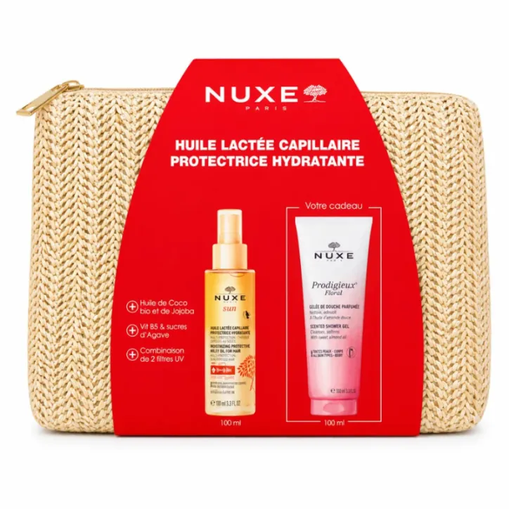 NUXE HUILE LACTEE CAPILLAIRE PROTECTRICE HYDRATANTE+GELLEE DE DOUCHE 100ML (OFFERT)+TROUSSE (OFFERT)