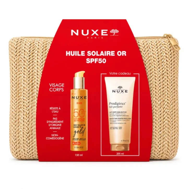 NUXE HUILE SOLAIRE OR SPF50+LAIT DE CORPS SUBLIMATEUR 200ML (OFFERT)+TROUSSE (OFFERT)