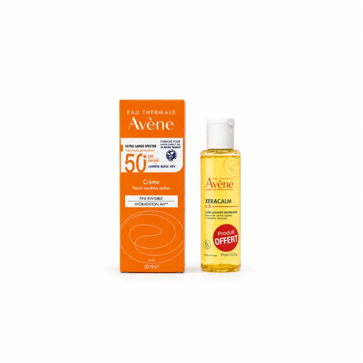 AVENE SOIN SOLAIRE PEAUX PEAUX SENSIBLES SECHES SPF 50+ 50ML + XERACALM HUILE LAVANTE 100ML OFFERTE