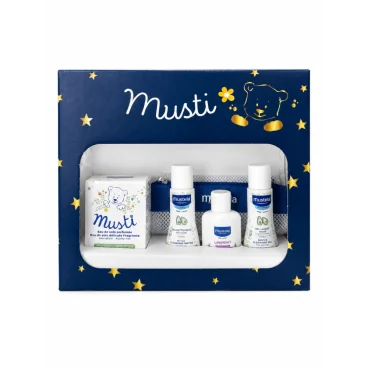 MUSTELA MUSTI COFFRET : EAU PARFUMEE + EAU NETTOYANTE + LINIMENT + GEL LAVANT DOUX ET TROUSSE OFFERTE