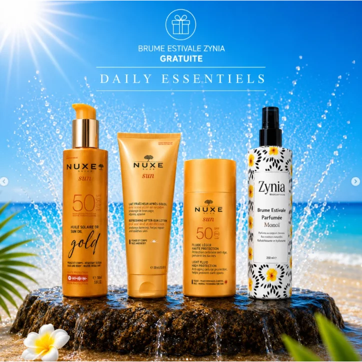NUXE SUN HUILE SOLAIRE OR + NUXE SUN LAIT FRAÎCHEUR APRÈS-SOLEIL + NUXE SUN FLUIDE LÉGER SPF50 ZYNIA BRUME ESTIVALE OFFERT
