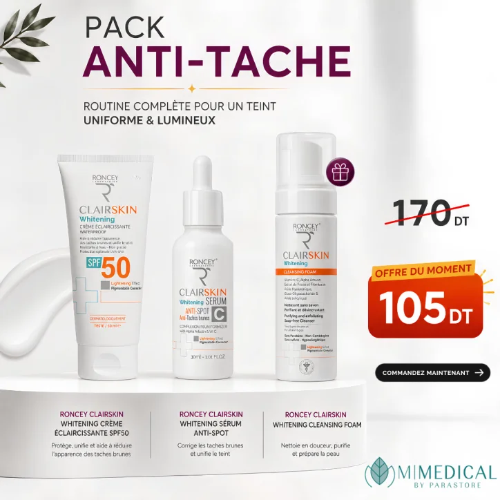 PACK RONCEY CLAIRSKIN WHITENING CRÈME ÉCLAIRCISSANTE SPF50 + WHITENING SÉRUM ANTI-SPOT + WHITENING CLEANSING FOAM OFFERT