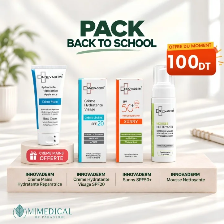 PACK INNOVADERM MOUSSE NETTOYANTE + CRÈME HYDRATANTE VISAGE SPF20 + SUNNY SPF50+ + CRÈME MAINS OFFERTE