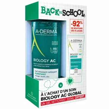 A-DERMA COFFRET BIOLOGY AC GLOBAL 40 ML + GEL NETTOYANT 200 ML OFFERT