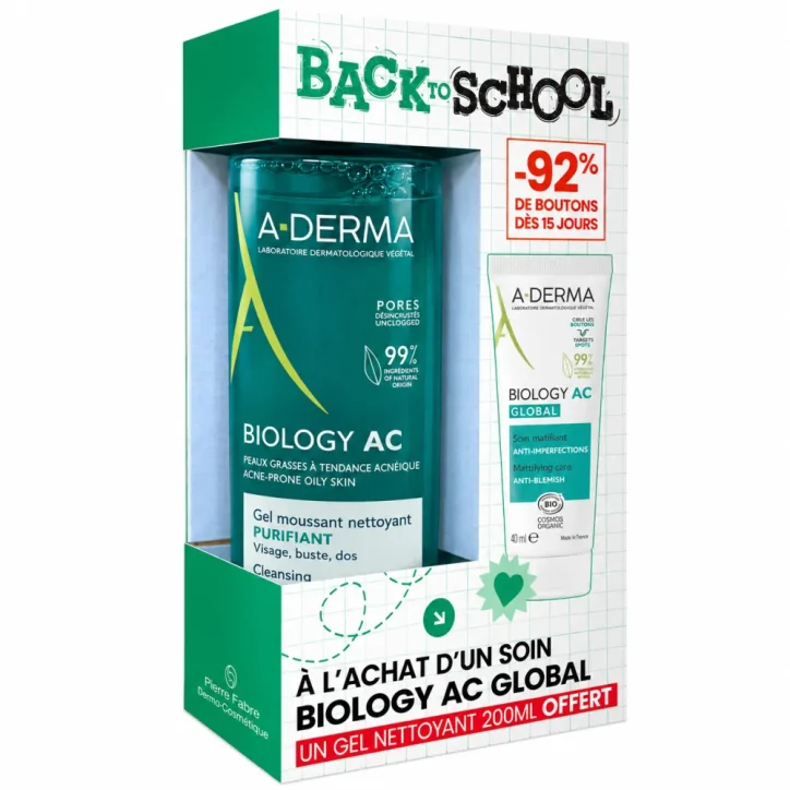 A-DERMA COFFRET BIOLOGY AC GLOBAL 40 ML + GEL NETTOYANT 200 ML OFFERT